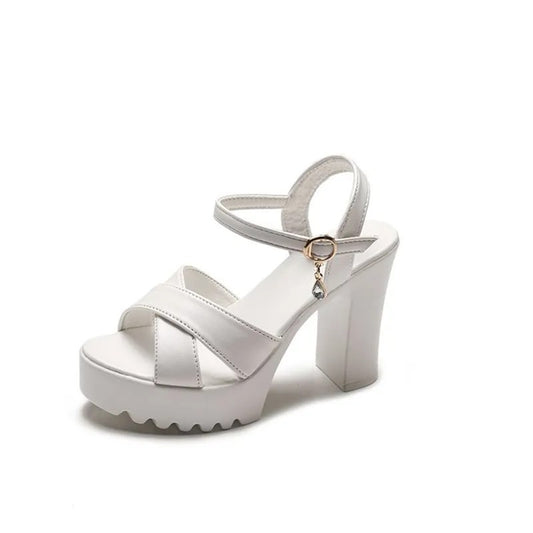 Chunky Platform Block Heels for Women |  PU Strappy Sandals with Buckle & Charm