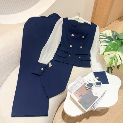 Elegant Wool Wave Co-ord Set with Belted Square-Neck Top & Wide-Leg Pants | Chiffon Sleeve Two-Piece Outfit