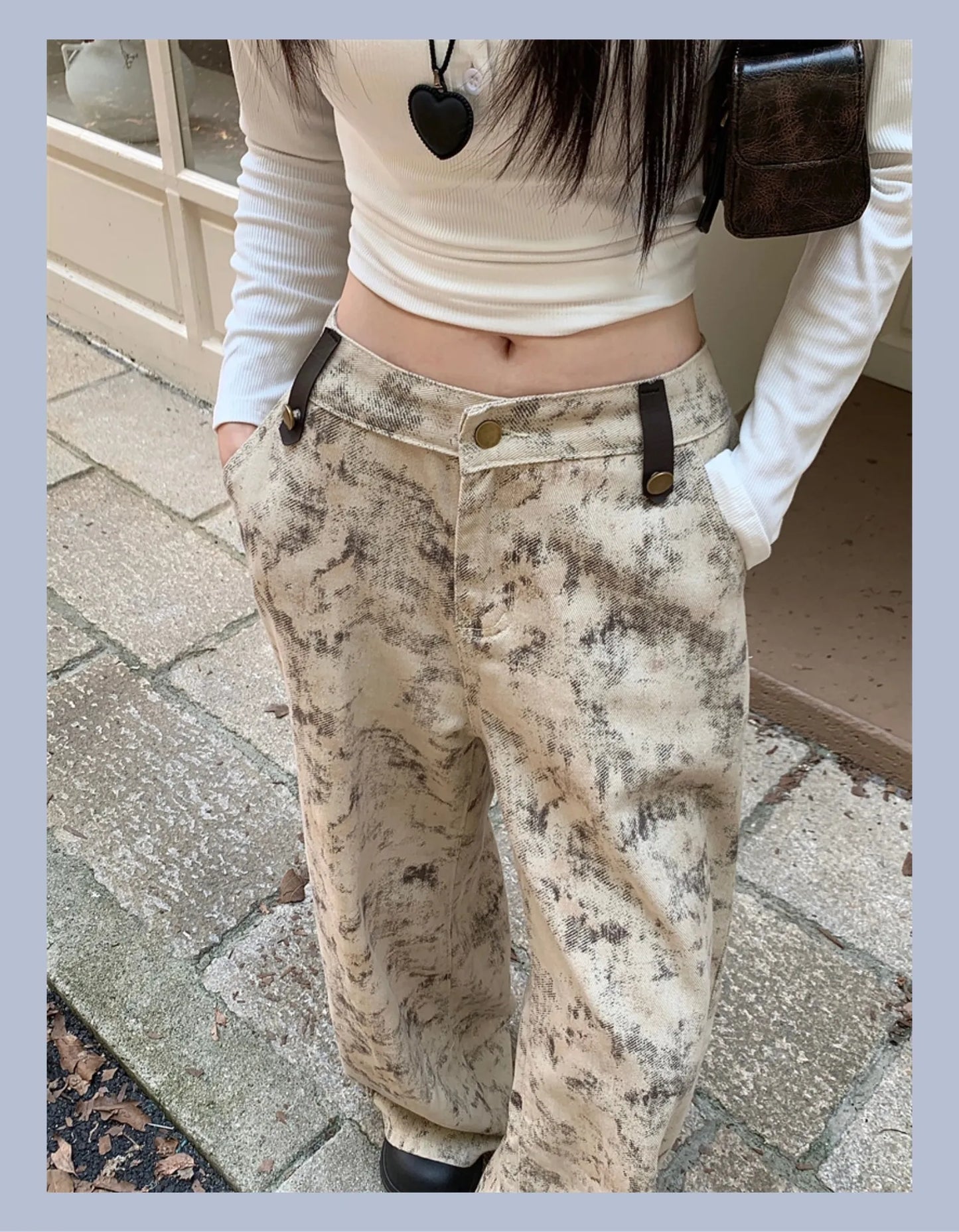 High-Waisted Tie-Dye Tapered Denim Pants – Vintage Style with Back Pockets, Khaki Fit