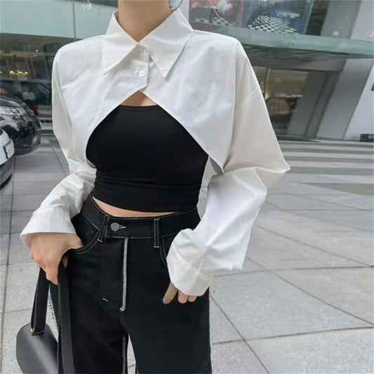 Korean Street Style Long Sleeve Cropped Polo Shirt for Women – Casual Minimalist Cotton Top for Layering & Daily Wear