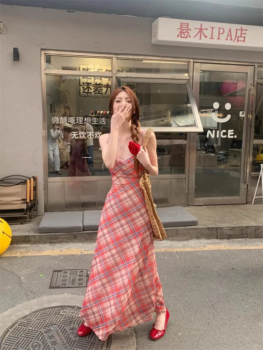 Korean Style Plaid Slip Dress – Long Casual Cami Dress with Plunge Neck & Sleeveless Fit