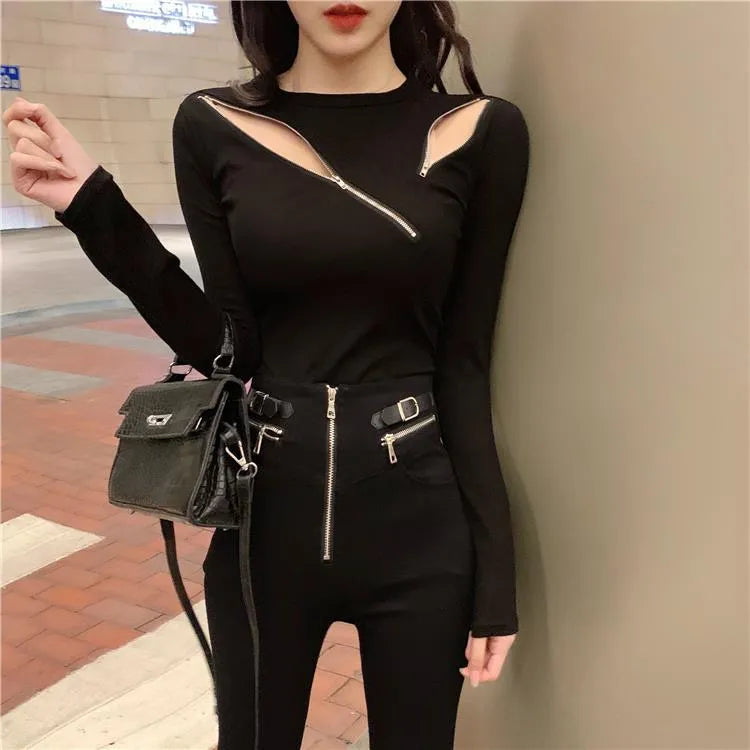 Edgy Women’s Long Sleeve Zipper Cutout Top | Slim Fit Striped Hollow Blouse | Party & Casual Streetwear