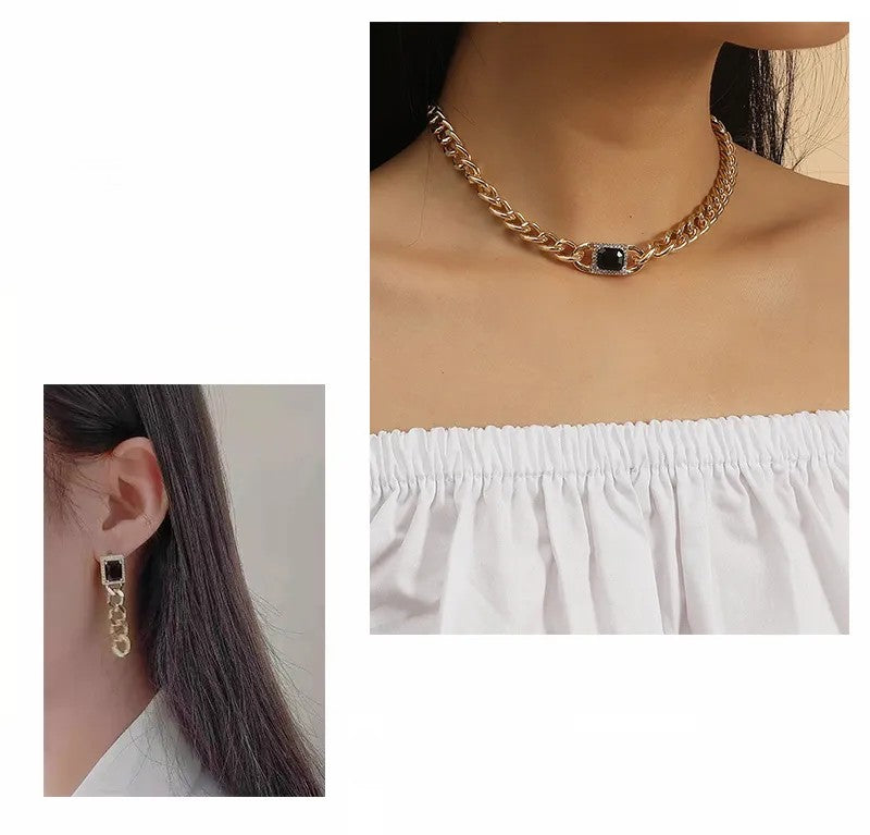 Gold-Tone Chunky Chain Necklace & Drop Earrings Set for Women – Statement Fashion Jewelry