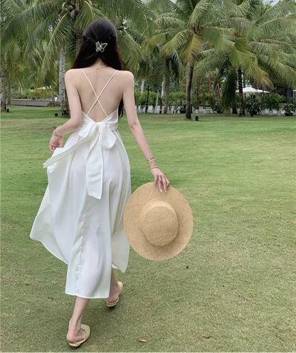 Elegant White Spaghetti Strap Backless Summer Maxi Dress – Beach Vacation Boho Dress