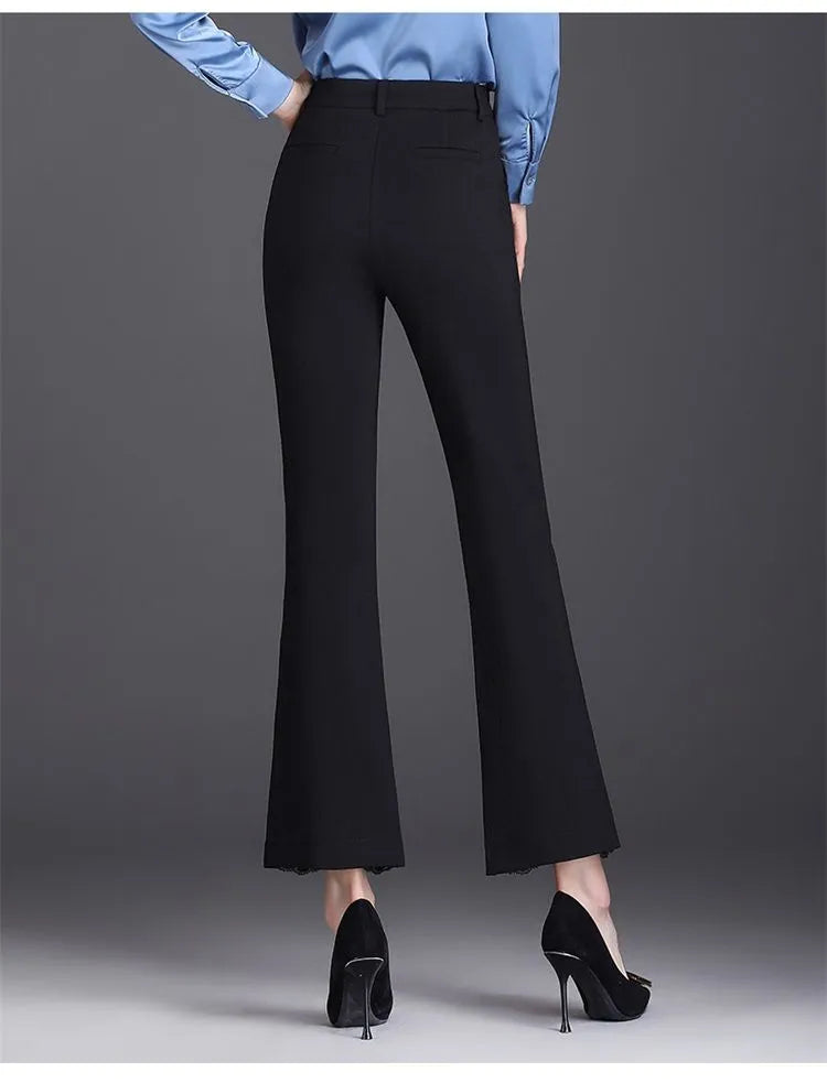 High Waist Lace Trim Flared Pants – Slim Fit, 3/4 Bootcut Style with Pockets