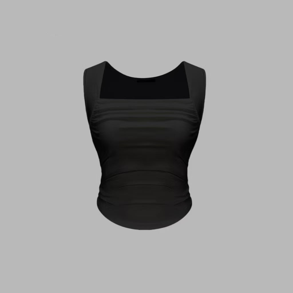 Women’s Sleeveless Ruched Tank Top with Pleated Hem & Square Neck | Casual Summer Fitted Top