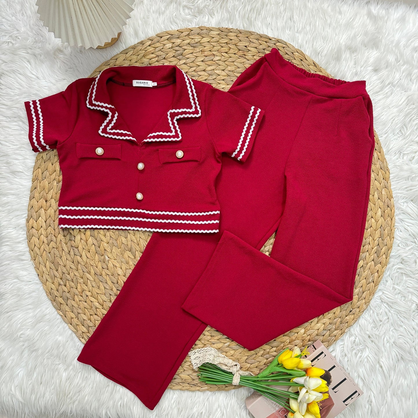 Wool Wave Co-ord Set with Collared Crop Top & Smocked Waist Pants | Chic Two-Piece Outfit