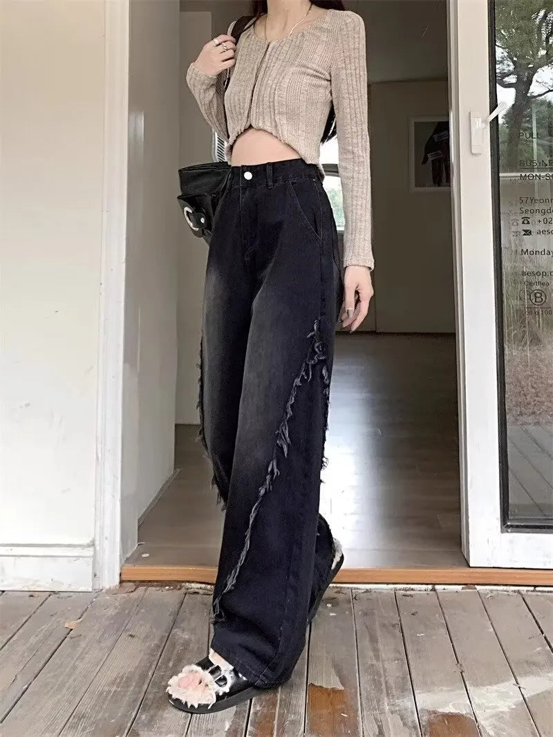 Vintage High-Waisted Wide-Leg Jeans with Fringe Details | Black Straight-Fit Streetwear Denim Pants for Women