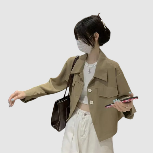 Trendy Khaki Button-Up Cargo Crop Jacket | Korean Style Polo Collar Casual Coat