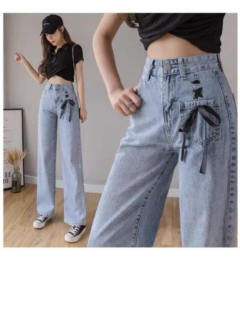 High-Waisted Wide-Leg Denim Jeans with Front Pocket Bow | Casual Loose Fit Street Style Pants for Women