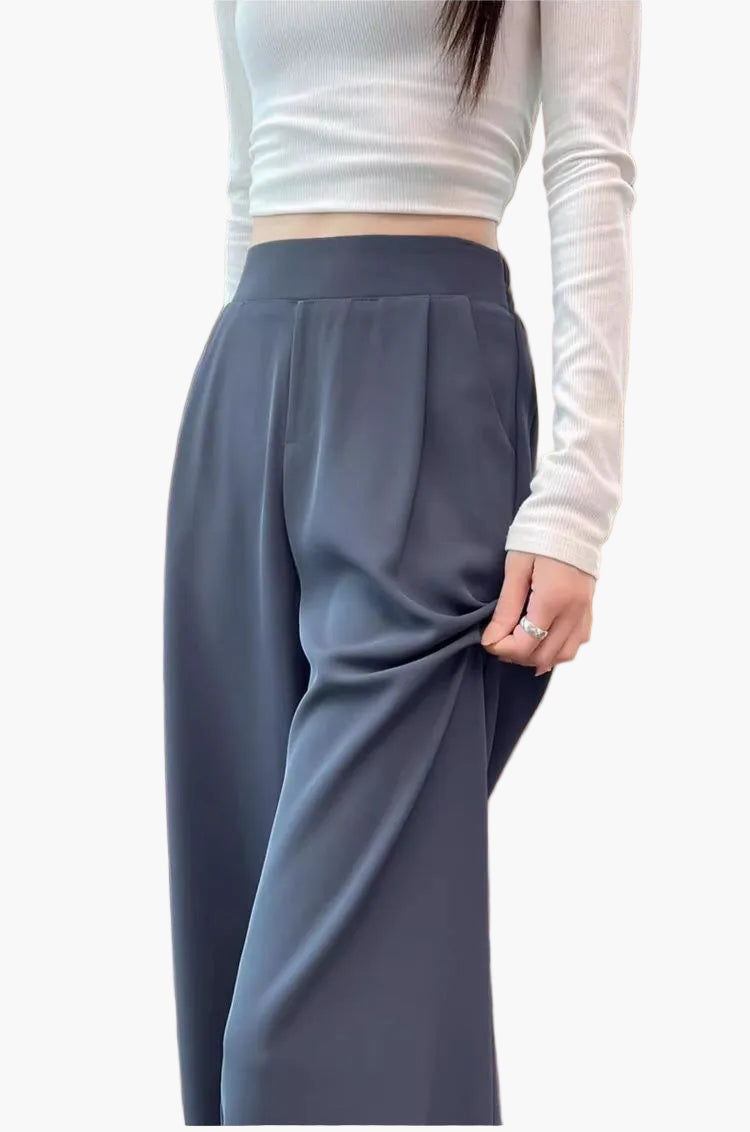 High Waist Wide-Leg Ice Silk Suit Pants – Breathable, Pleated Trousers