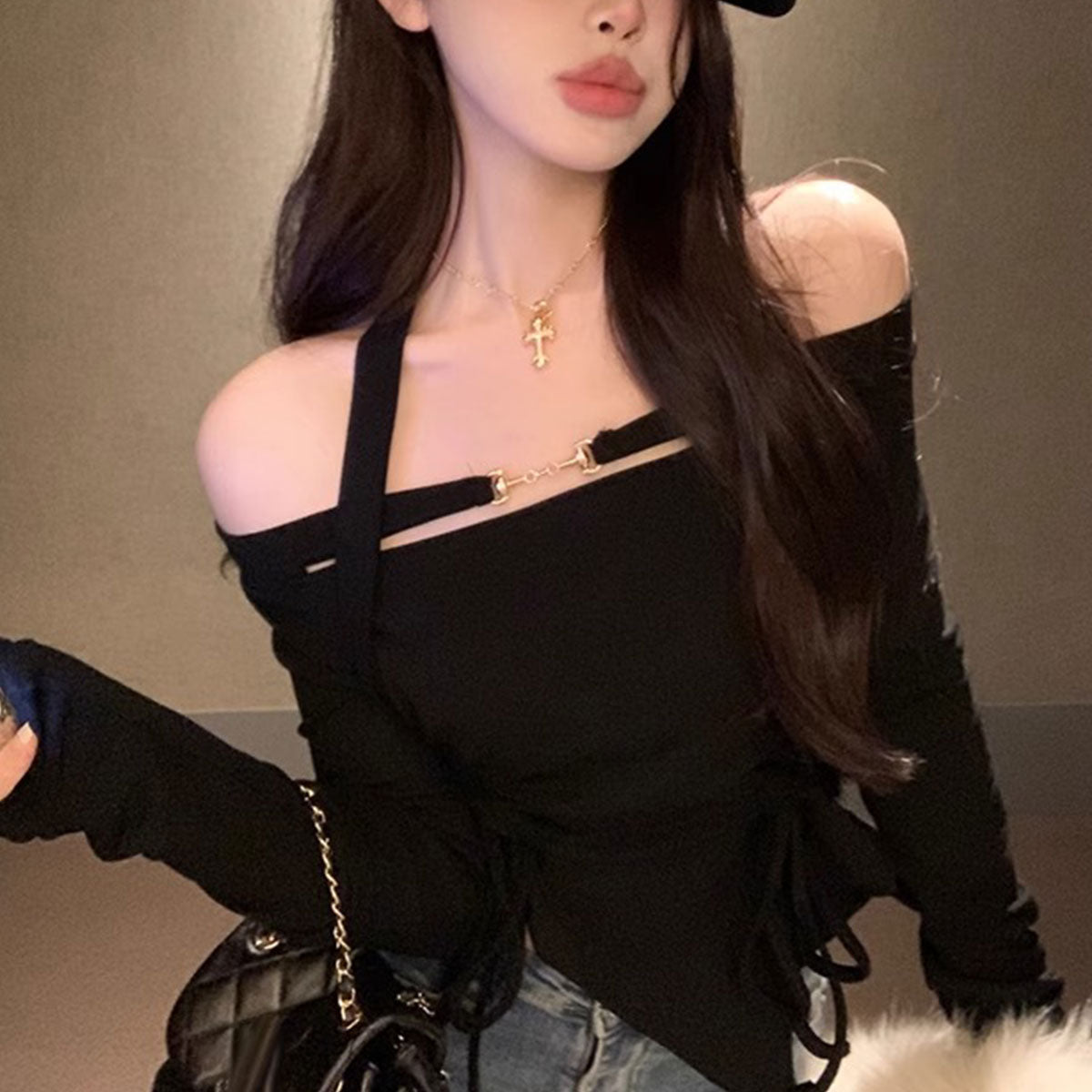 Chic Off-Shoulder Criss Cross Crop Top for Women | Fancy Long Sleeve Tie-Front Top Set | Trendy Korean Style