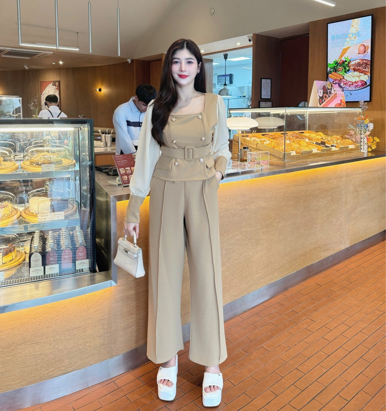 Elegant Wool Wave Co-ord Set with Belted Square-Neck Top & Wide-Leg Pants | Chiffon Sleeve Two-Piece Outfit