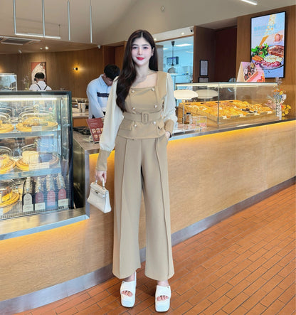 Elegant Wool Wave Co-ord Set with Belted Square-Neck Top & Wide-Leg Pants | Chiffon Sleeve Two-Piece Outfit