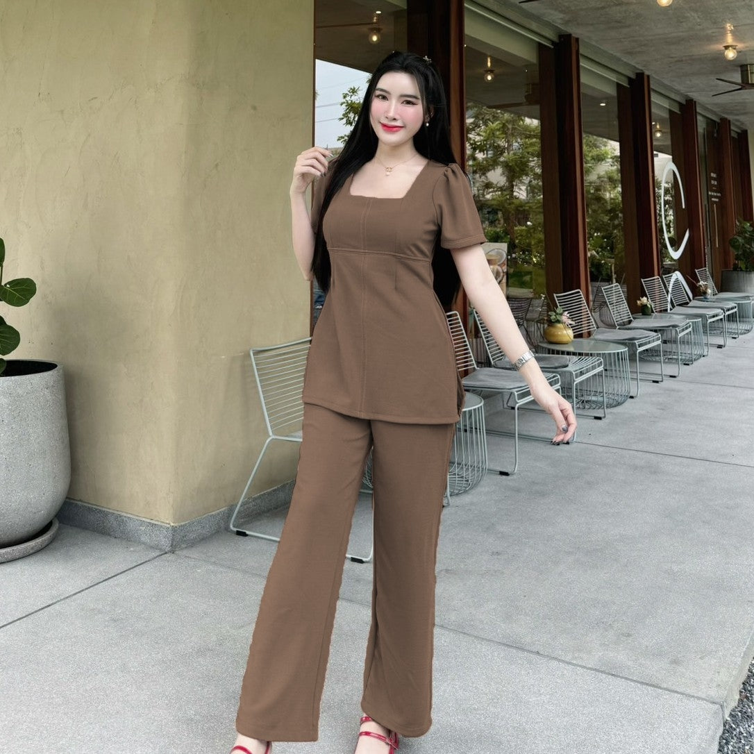 Elegant Wool Wave Co-ord Set for Women – Square Neck Long Top with Side Slits & Pocket Pants