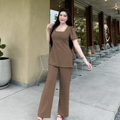Elegant Wool Wave Co-ord Set for Women – Square Neck Long Top with Side Slits & Pocket Pants