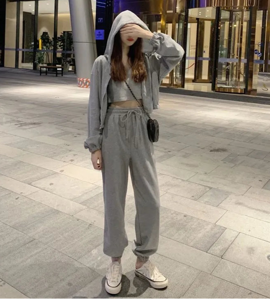 Women's 3-Piece Loungewear Set – Grey Crop Top, Hoodie & Jogger Pants | Athleisure Co-ord