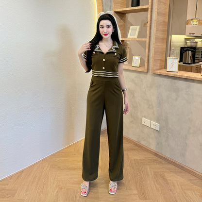 Wool Wave Co-ord Set with Collared Crop Top & Smocked Waist Pants | Chic Two-Piece Outfit