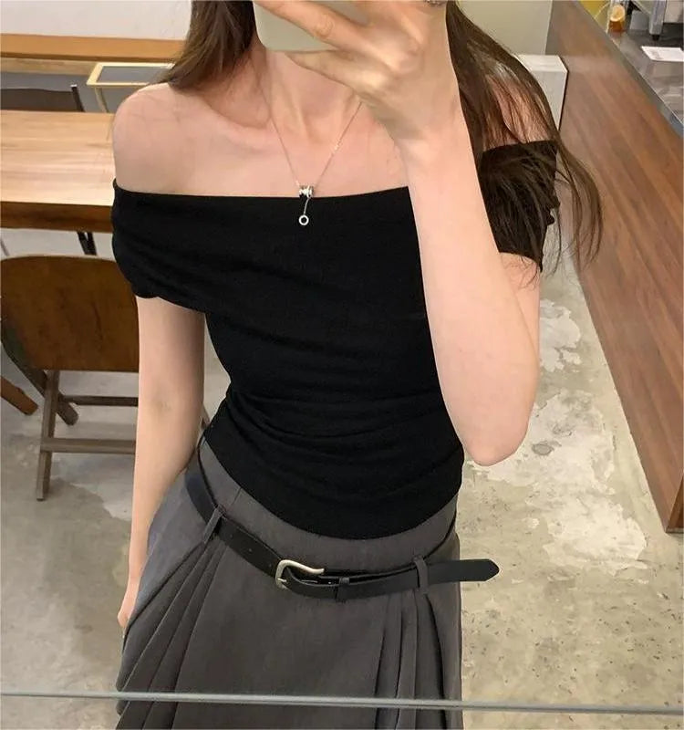 Trendy Off-Shoulder Crop Top for Women | Korean Style Short Sleeve T-Shirt in Multiple Colors | Summer Must-Have