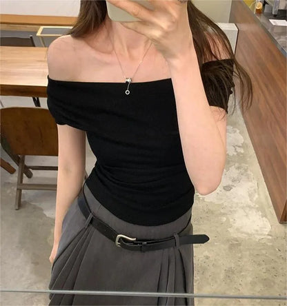 Trendy Off-Shoulder Crop Top for Women | Korean Style Short Sleeve T-Shirt in Multiple Colors | Summer Must-Have