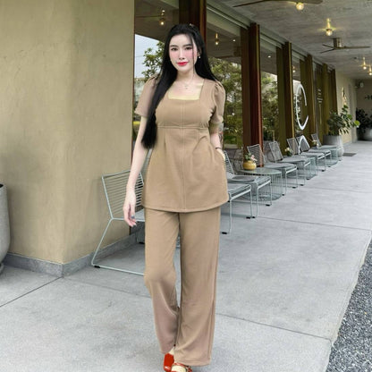Elegant Wool Wave Co-ord Set for Women – Square Neck Long Top with Side Slits & Pocket Pants