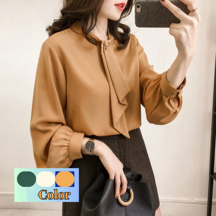 Chic Chiffon Office Shirt with Built-In Tie | 3/4 Sleeve Formal Workwear Blouse