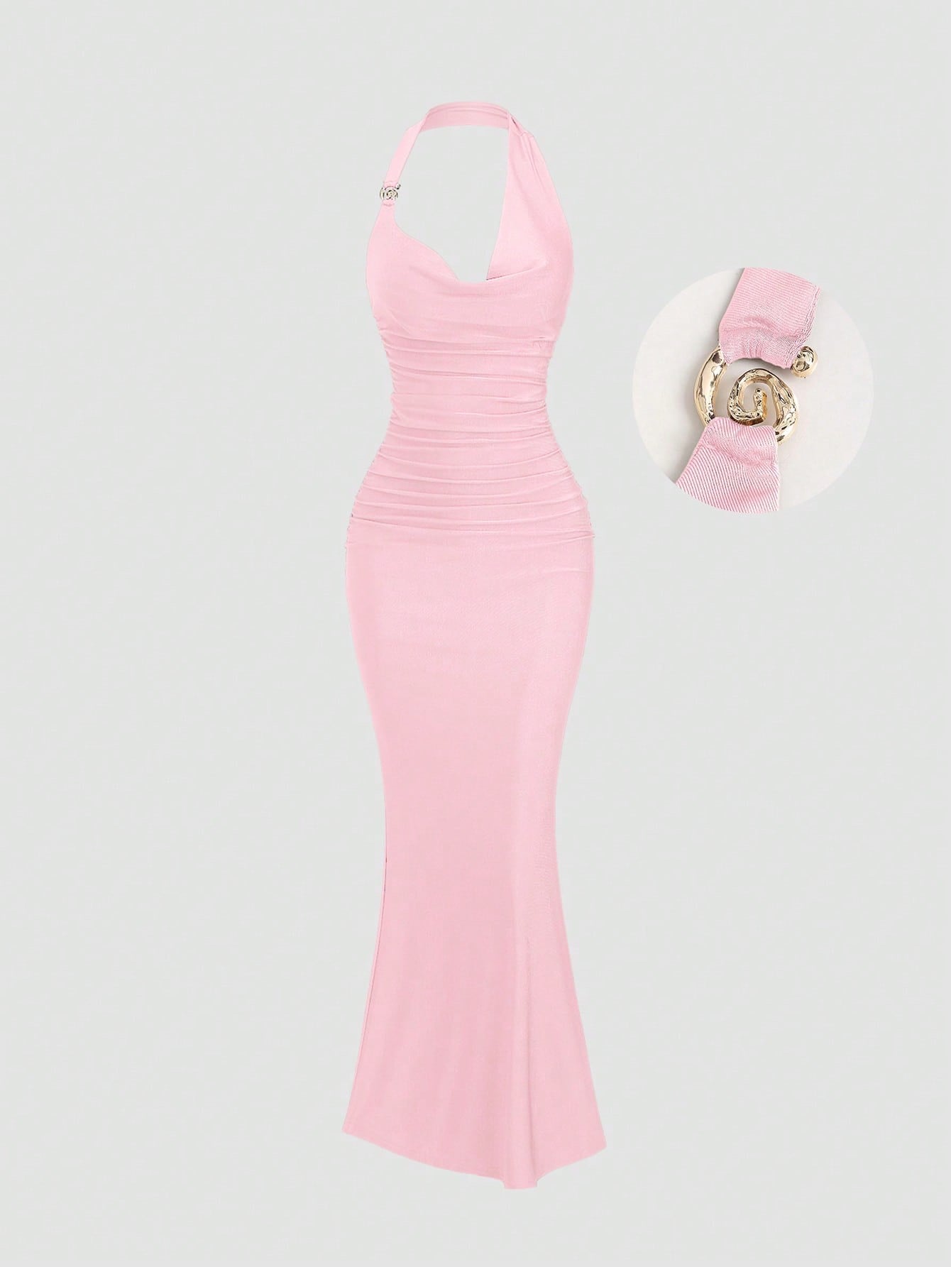 pink spaghetti strap belted long dress with a slim fit vintage silhouette and adjustable straps for women by Fashzeo.