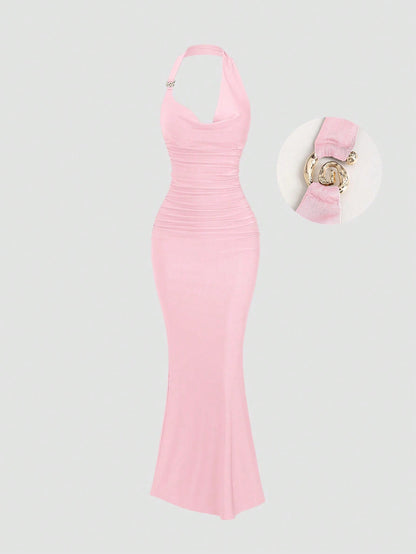 pink spaghetti strap belted long dress with a slim fit vintage silhouette and adjustable straps for women by Fashzeo.