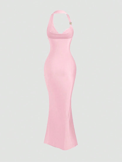 pink spaghetti strap belted long dress with a slim fit vintage silhouette and adjustable straps for women by Fashzeo.