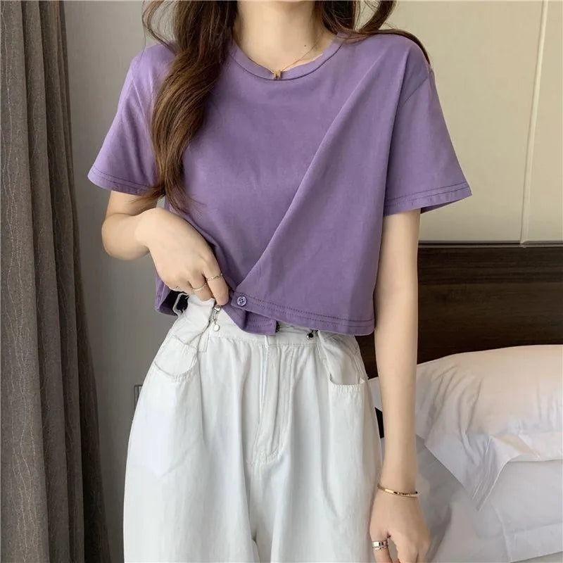 Solid Color Crop Top for Women | Cute Short Sleeve Round Neck T-Shirt | Summer Casual Fit