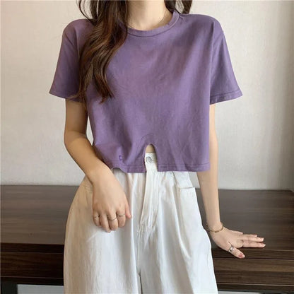 Solid Color Crop Top for Women | Cute Short Sleeve Round Neck T-Shirt | Summer Casual Fit