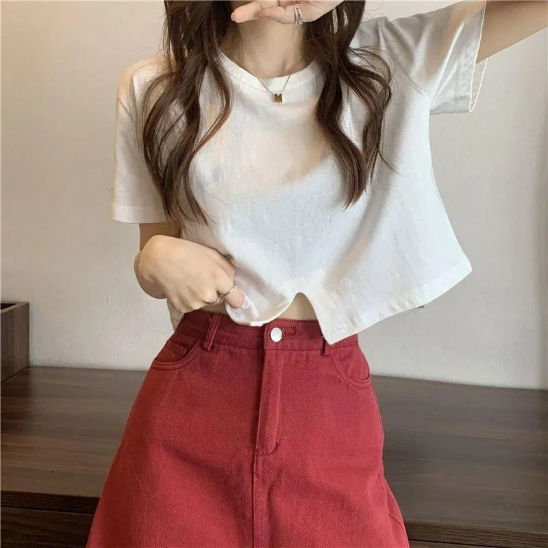 Solid Color Crop Top for Women | Cute Short Sleeve Round Neck T-Shirt | Summer Casual Fit
