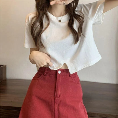 Solid Color Crop Top for Women | Cute Short Sleeve Round Neck T-Shirt | Summer Casual Fit