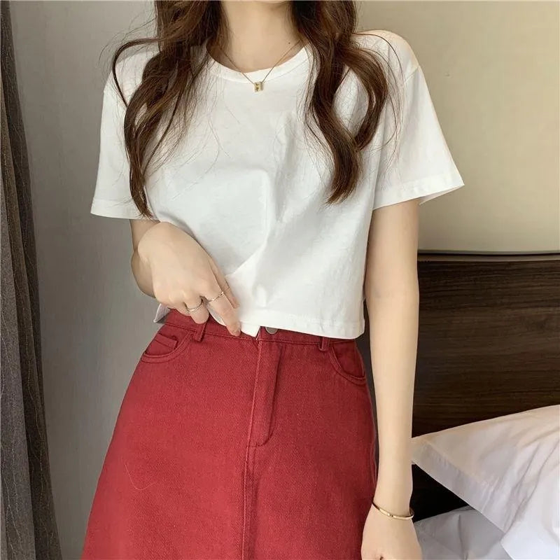 Solid Color Crop Top for Women | Cute Short Sleeve Round Neck T-Shirt | Summer Casual Fit