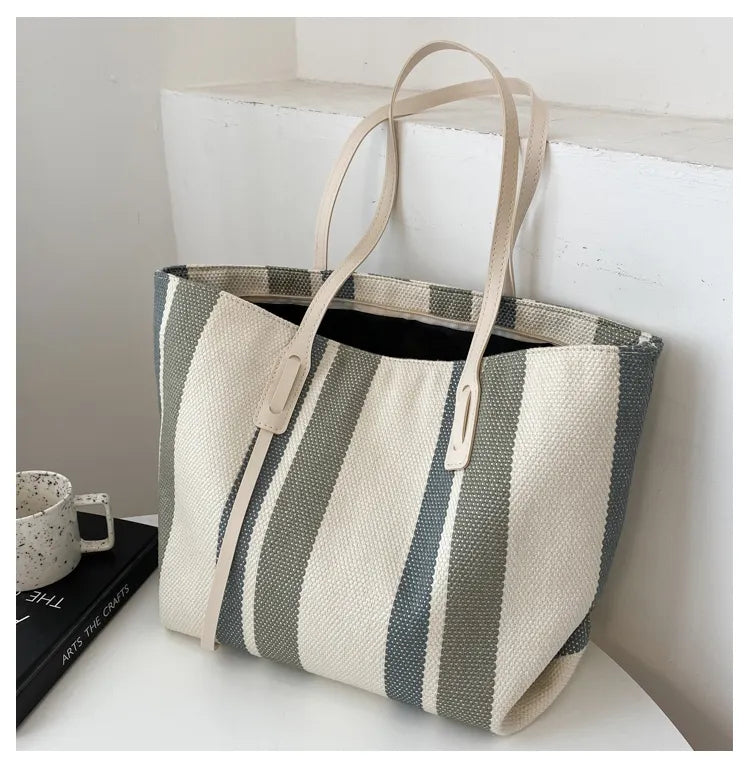 Style Canvas Tote Bag – Large Capacity Striped Shoulder Bag for Travel, Work & Daily Use