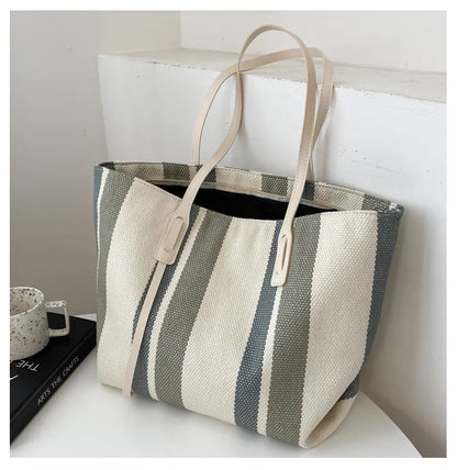 Style Canvas Tote Bag – Large Capacity Striped Shoulder Bag for Travel, Work & Daily Use