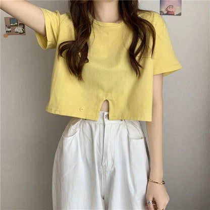 Solid Color Crop Top for Women | Cute Short Sleeve Round Neck T-Shirt | Summer Casual Fit