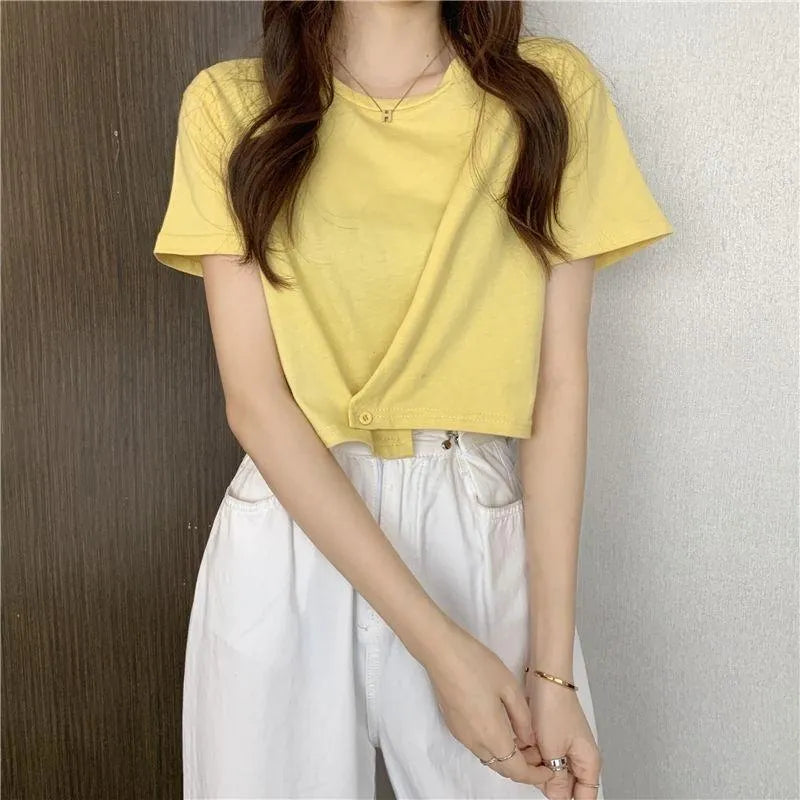 Solid Color Crop Top for Women | Cute Short Sleeve Round Neck T-Shirt | Summer Casual Fit