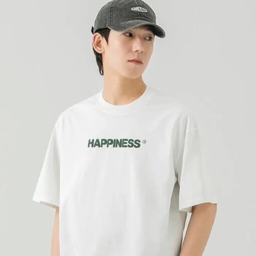 Oversized Korean-Style T-Shirt with 'HAPPINESS' Pattern - Comfortable 100% Cotton, White,S-4XL - Image 2