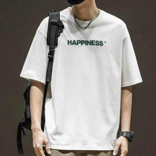 Oversized Korean-Style T-Shirt with 'HAPPINESS' Pattern - Comfortable 100% Cotton, White,S-4XL - Image 3