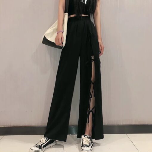 Chic Women's Slit High Waist Wide-Leg Pants: Drape Trousers for Trendy Looks