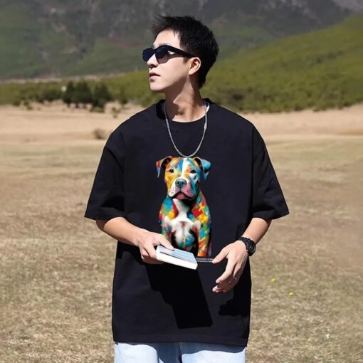 Oversized Korean-Style Cotton T-Shirt with 'Colored Dog' Pattern - White & Black, S-4XL - Image 2