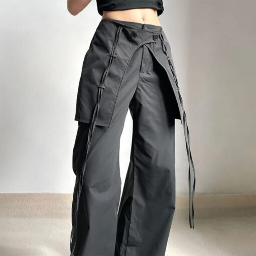 Y2K High-Waisted Dark Grey Slacks for Women: Vintage Cargo Pants with Lace Details and Large Pockets - Image 5