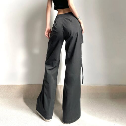 Y2K High-Waisted Dark Grey Slacks for Women: Vintage Cargo Pants with Lace Details and Large Pockets - Image 4