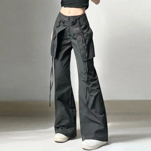 Y2K High-Waisted Dark Grey Slacks for Women: Vintage Cargo Pants with Lace Details and Large Pockets - Image 3