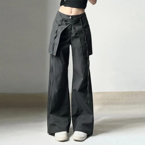 Y2K High-Waisted Dark Grey Slacks for Women: Vintage Cargo Pants with Lace Details and Large Pockets - Image 2