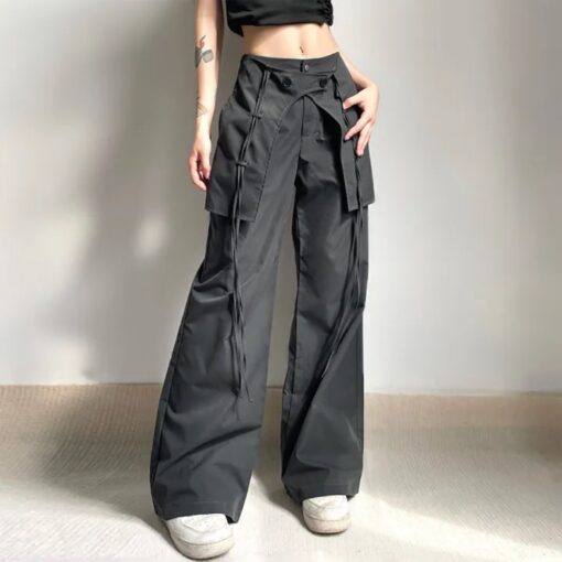 Y2K High-Waisted Dark Grey Slacks for Women: Vintage Cargo Pants with Lace Details and Large Pockets