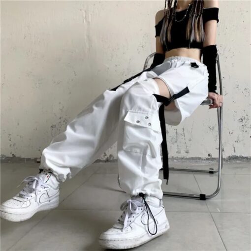 Trendy Women's Korean White Cargo Pants | Y2K Harajuku Style, Loose Fit, High Waist, Elastic Waist - Image 3