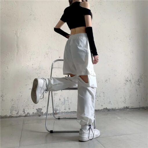 Trendy Women's Korean White Cargo Pants | Y2K Harajuku Style, Loose Fit, High Waist, Elastic Waist - Image 4