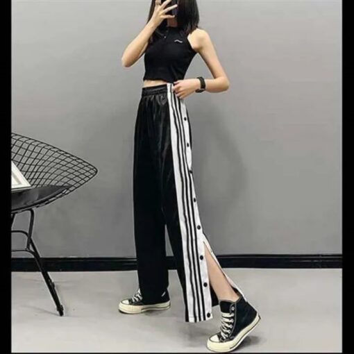 Trendy Women's Black Wide-Leg Casual Pants with Buttons | Summer Cotton Sportswear